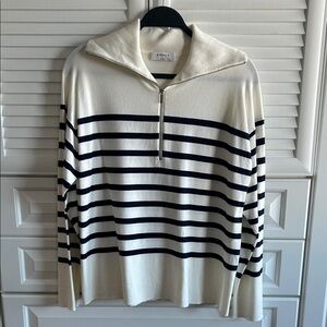 Aritzia Cream and Black Striped Zip-Up Sweater